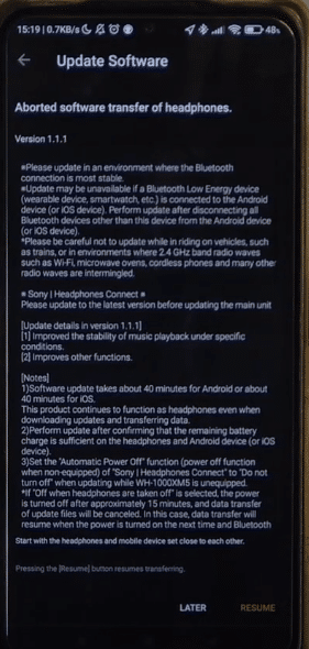 Troubleshooting Siri and Sony WH-1000XM5 Connectivity Issues: - Step 5: Tap on Resume for Update - Headphonetic.com